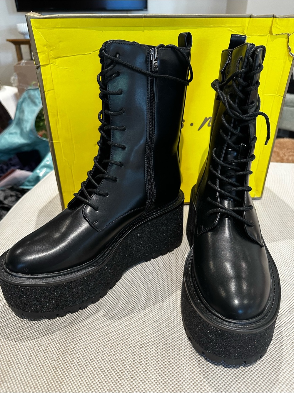 CIRCUS NY size 9 Black Military Platform Heel Combat Boots Leather NEW $120